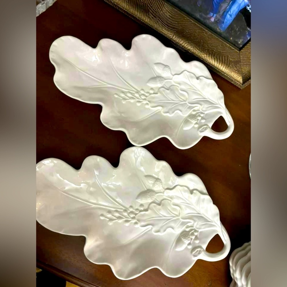 2 Fritz & Floyd White Oak Leaf Acorn Fall Farmhouse Plate Bristol Tray 13" x 8"
